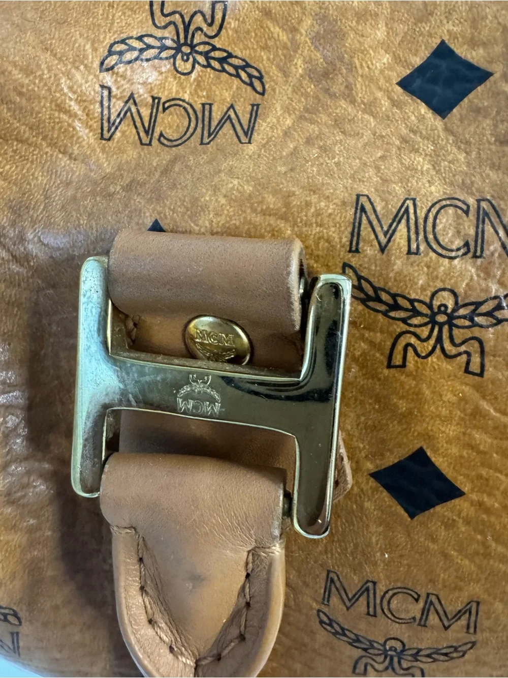 MCM Cognac Visetos Barrel Satchel with Gold Hardware
